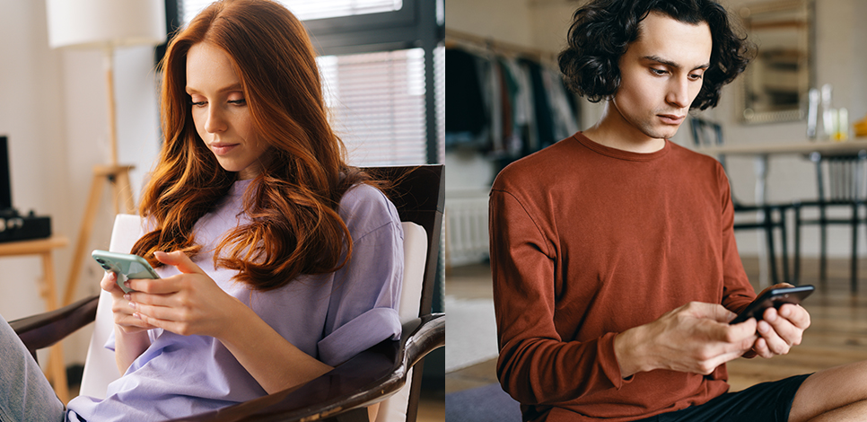 Mann und Frau tippen am Handy – Ex anschreiben nach der Kontaktsperre