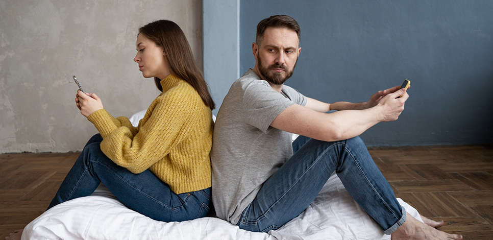 Paar mit Abstand und Rücken zueinander – Sinnbild für Kontaktsperre nach Trennung