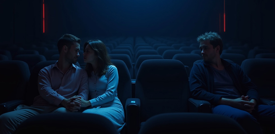 Paar im Kino wirkt distanziert – Symbol für Rebound-Beziehung nach einer Trennung