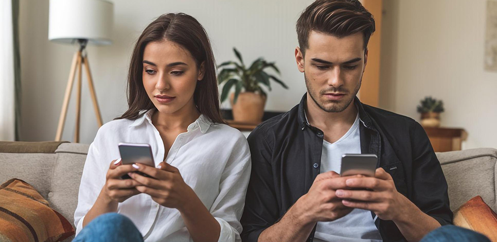 Mann und Frau sitzen mit Handy – Entscheidung, was nach der Kontaktsperre zu tun ist